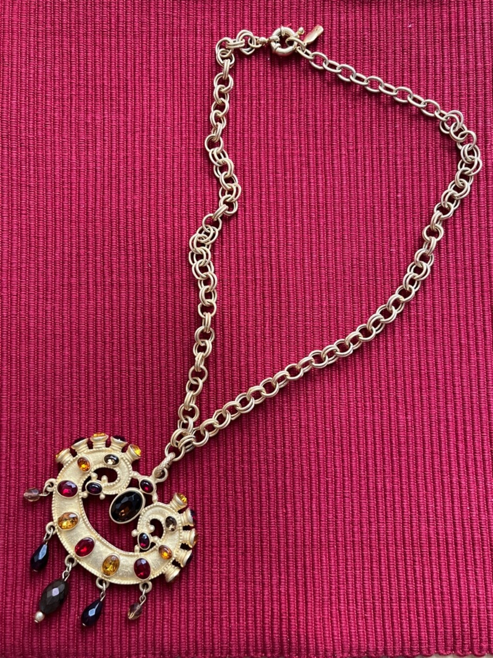 Gold-Tone Multi-Stone Crescent Pendant Necklace in Red, Amber & Black
